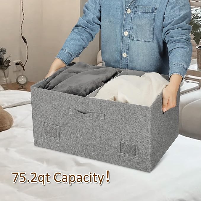 Graciadeco 75 Quarts Extra Large Decorative Storage Bins with Lids, 3 Packs Gray Collapsible Storage Bins with Lids, Stackable Storage Bins Decorative Box Storage With Lid Extra Large | 75 Quarts 3 Pack Gray1 Collapsible Stackable Linen Fabric 4 Handle... - Image 3