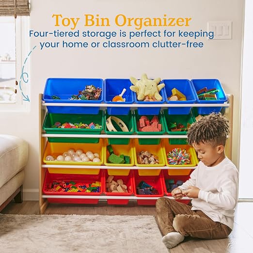 ECR4Kids 4-Tier Organizer with 20 Removable Plastic Bins, 4x5, Toy Storage, Natural/Primary | Durable plastic bins, MDF panels, steel frame, GREENGUARD Gold Certified, 72 lb capacity, anti-tip kit, playroom/classroom - Image 4