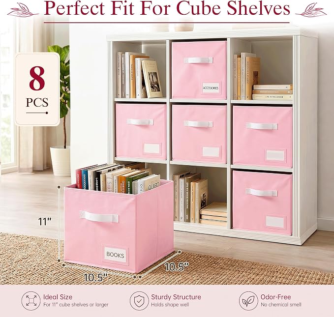 Storage Cubes 8 Pack, 11 Inch Fabric Storage Cubes Organizer Bins with Labels, Odor-Free & Sturdy PP Structure, Cubby Baskets for Closet, Shelves, Toys & Nursery ( Pink) - Image 2