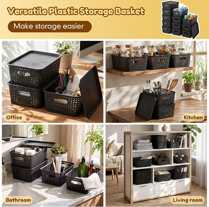 12 Pack Plastic Storage Baskets with Lids Stackable Organizing Bins Storage Baskets Organizers and Containers for Closet, Pantry, Office, 10.2 x 7.2 x 4.1 Inches(Black) - Image 4
