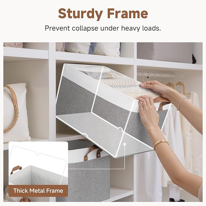 StorageWorks Fabric Storage Bins, Gray and White, Extra Large, 2-Pack | With Reinforced PU Handles, Metal Frame, Collapsible, Storage Basket for Shelves, Closet, Holds Clothes, Towels, Blankets - Image 4