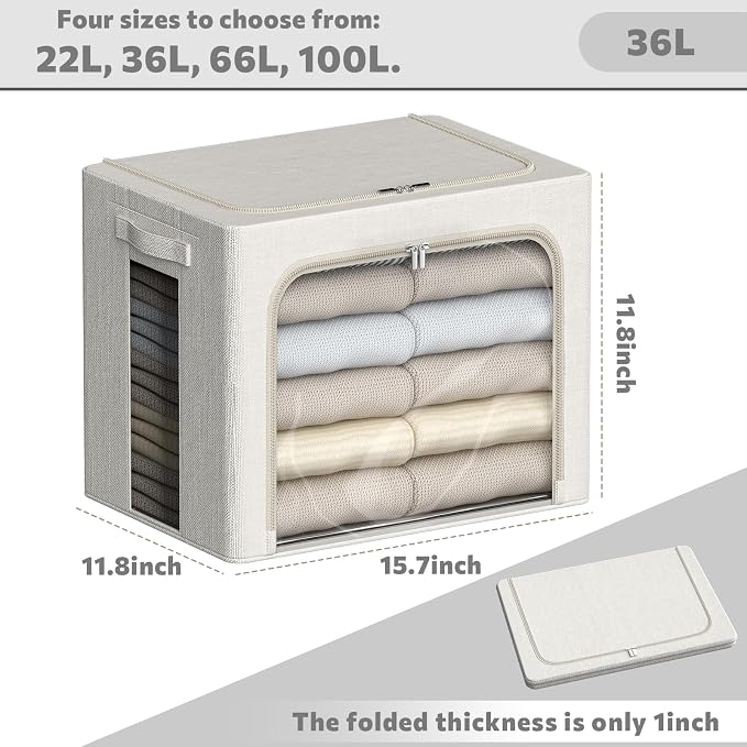 FHSQX 6 Pack Clothes Storage Bins with Metal Frame Foldable Storage Bins for Clothes Linen Fabric Storage Box with Clear Window (Lvory White, 15.7x11.8x11.8inch(36L)) - Image 4