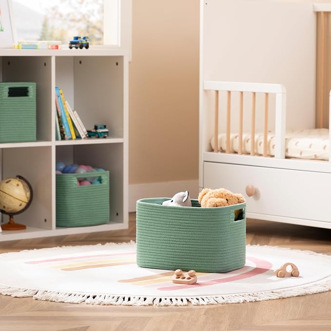 4 Pack Storage Baskets for Organizing, Shelf Baskets with Handles, Green | 14.5"Lx9.8"Wx9"H, Woven Basket, Cotton Rope Basket, Toy Storage, Cube Shelf, Gift Baskets Empty, Home Decor - Image 3