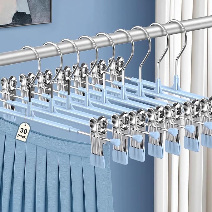 POZEAN Pants Hangers with Clips for Women 30 Pack, 12Inch Adjustable Heavy Duty Skirt Hangers, Space Saving Non-Slip Shorts Jeans Trousers Clothes Hangers, Blue by POZEAN