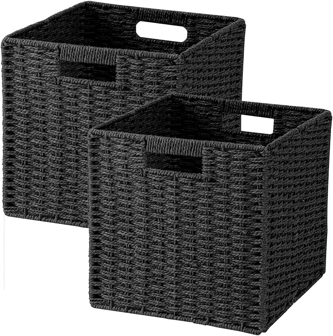 Patvingot 11-Inch Paper Rope Wicker Basket with Built-In Handles,2 Pack | For books, throws and accessories on open shelves, decorative woven texture, metal frame supports the shape, folds flat by Patvingot