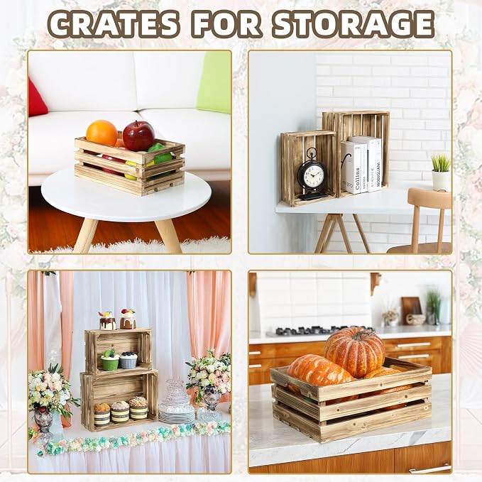 5-Piece Rustic Burnt Brown Wooden Crates Set, Wall Mountable Slatted Storage Crates with Handles, Farmhouse Wooden Crates for Display & Organizer for Home Decor - Image 7