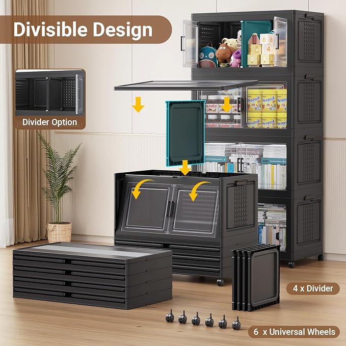 150Gal XL Stackable Storage Bins Foldable Box Cabinet for Home 3Pack Black | Extra Large Plastic Boxes with Dividers Multi-Compartment Collapsible Closet Organizers and Storage Cabinet with Wheels Door - Image 3