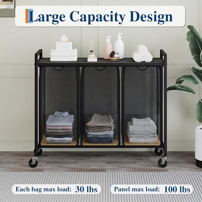 Garvee Rolling Laundry Hamper with Shelf, 3-Section Laundry Sorter with Removable Bags & Wheels, Heavy Duty Clothes Basket Organizer for Laundry Room, Bathroom, Bedroom, Greige & Black, 120L | Laundry Sorter with Removable Bags & Wheels, Heavy Duty Clo... - Image 7