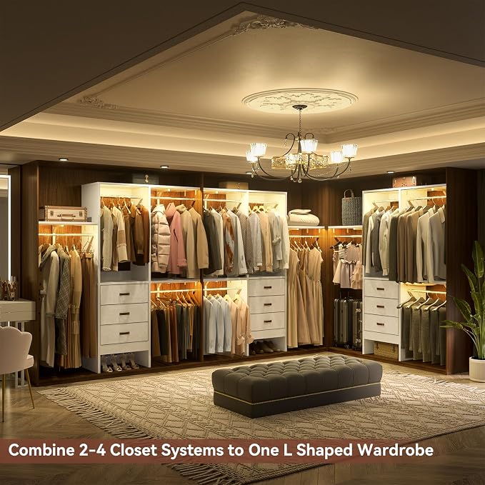 5FT Small Closet System with 3 Fabric Drawers, 60 Inches Walk In Closet Organizer System With 3 Adjustable Shelves, Heavy Duty Clothes Rack Built-In Garment Rack, 59" L x 16" W x 71" H, White - Image 4