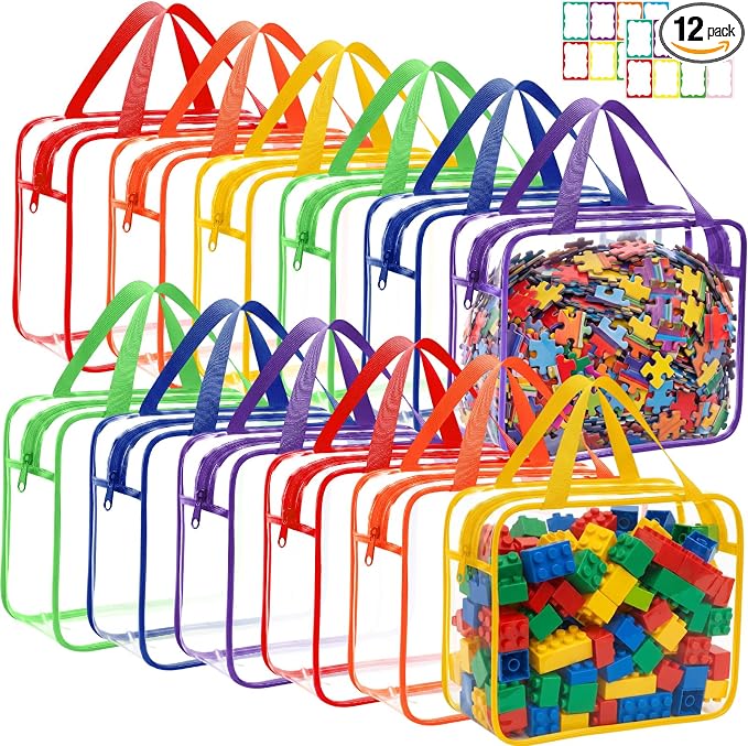 Shinylin 12 Packs Large Toy Storage Bags with Labels Clear PVC Toy Organizer with Zipper Colorful Classroom Storage Reusable Waterproof Organizer for Playroom School Blocks Game (Fresh Color) by Shinylin