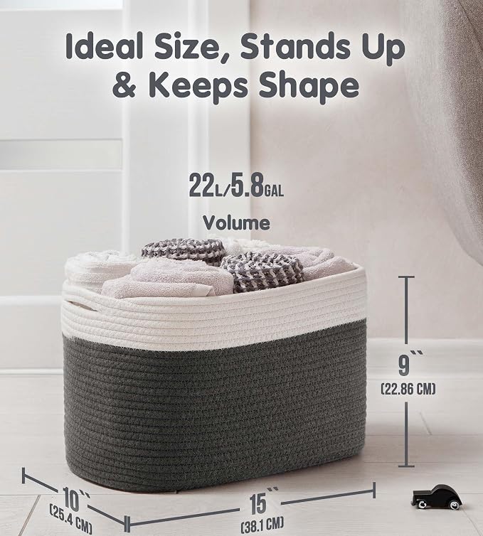 CHAT BLANC Cotton Rope Baskets for Organizing, Shelves, Toys, Storage, Shoe, Bathroom, Laundry, Towel, Nursery, Home Decor, Blanket, Cloth Woven Bins Fabric (Creamy White & Graphite, 15"x10"x9") - Image 4