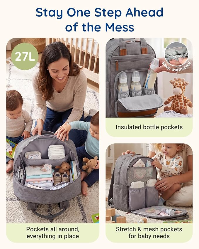 mommore Baby Diaper Bag with Waterproof Changing Pad, Light Gray | Backpack Bottle Holders Insulated & Pacifier Case, 2 Organizer Pouches - Image 3