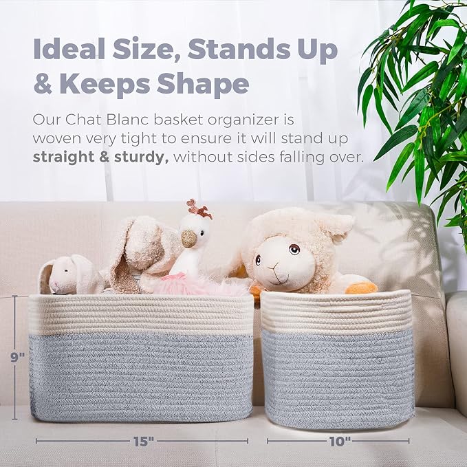 CHAT BLANC Cotton Rope Baskets for Organizing | Storage Baskets for Shelves | Rope Basket for Storage, Small Laundry Baskets, Woven Baskets for Storage, Dog Toy Bin, Baby Basket,Off White &Gray 3 Pack - Image 6