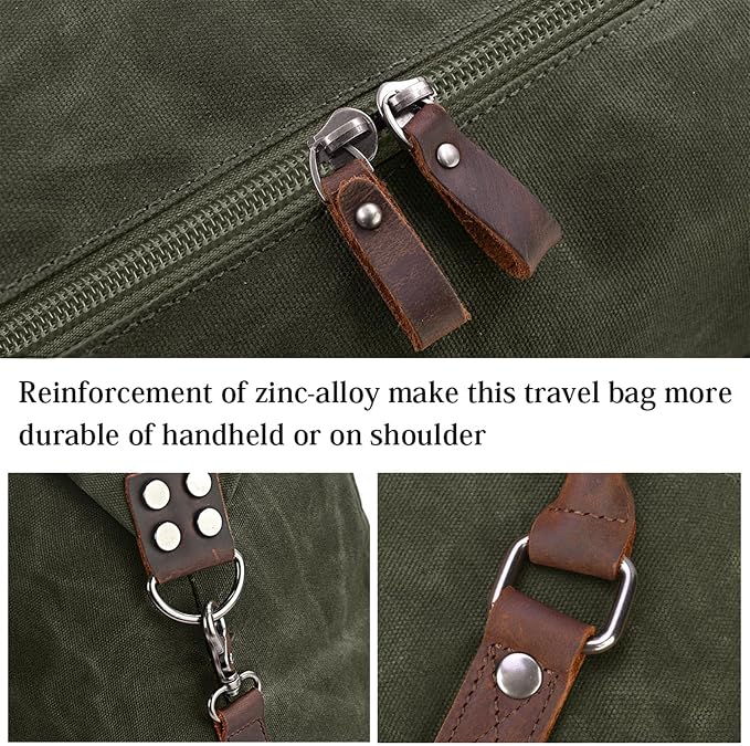 Oversized Travel Duffel Bag Waterproof Canvas Genuine Leather Weekend bag Weekender Overnight Carryon Hand Bag, Dark Green - Image 4