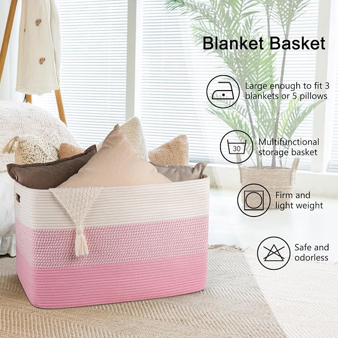 OIAHOMY 108L Extra Large Blanket Basket Dog Toy Basket Pink&White | Rectangle Woven Baskets for Storage Cotton Rope Basket For Living Room Toy Storage Blanket Storage Laundry Basket - Image 6