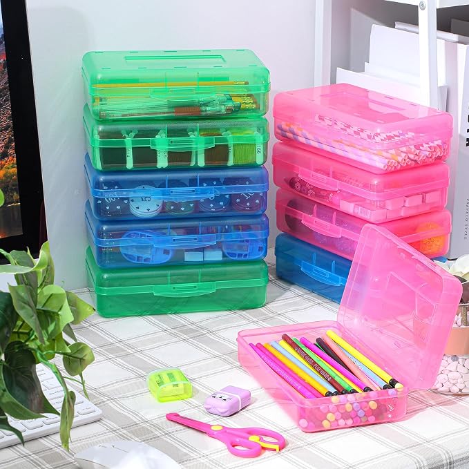 Fainne 24 Pack Clear Plastic Pencil Box,Red, Blue, Green | Stackable Organizer for School Supplies, Large Case for Crayons Markers, Snap-lid Keeps Stationery Secure, Bulk Set - Image 4