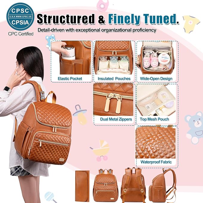 Diaper Bag Backpack Leather Baby Diaper Bag with Changing Pad Travel Diaper Backpack,Baby Bag for Mom,Stroller Straps,5 Insulated Pockets (Brown Leather) - Image 5