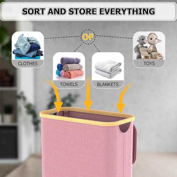 Slim Laundry Hamper with Lid, 60L Laundry Basket with Handles, Skinny Narrow Collapsible Dirty Clothes Hamper with Removable Laundry Bag for Bathroom Bedroom Dorm Clothes Toys Towels (Pink, 60L) - Image 5