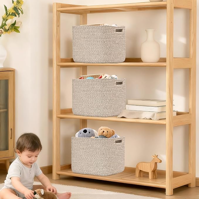 3 Pack Cube Storage Bin, 12”x12”x10” Cotton Rope Woven Baskets for Organizing Toys Clothes Towels, Square Gift Storage Baskets for Shelves, Nursery, Closet, Bathroom, Pantry (Jute) - Image 7