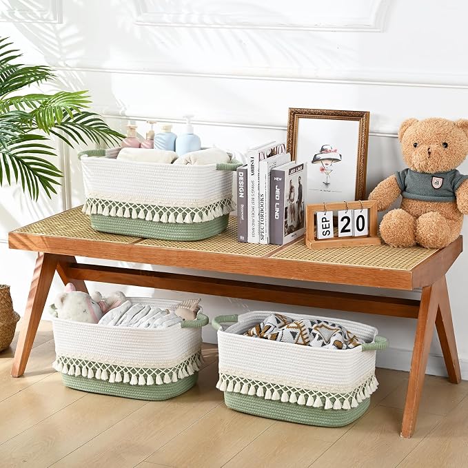 2 Pack Storage Basket, Heavy Tassel Woven Baskets for Storage, Boho Cotton Rope Storage Bin, Cube Organizer Bins, Baby Laundry Basket for Clothes, Toys, Diapers, Pets（White & Green） - Image 5