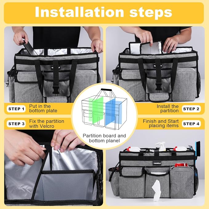 Large Cleaning Caddy Bag with Rigid Support Board, Cleaning Organizer Tote with Detachable Divider, Adjustable Shoulder Strap & Waist Belt, Cleaning Supply Carrier for Cleaners & Housekeepers - Image 4
