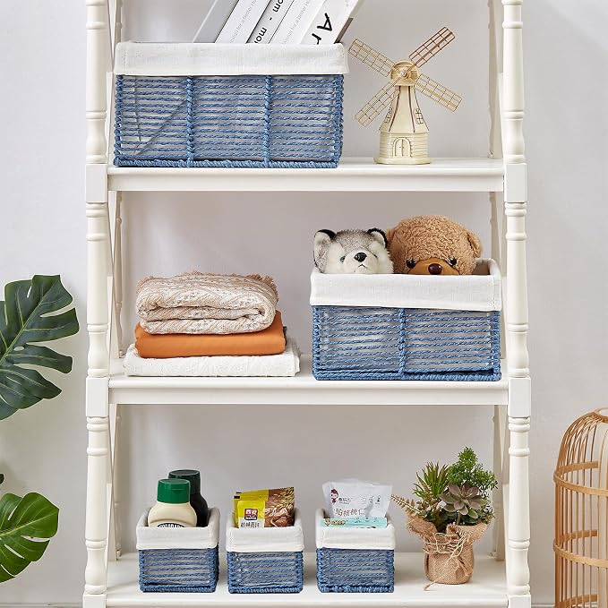 Wicker Storage Basket, Hand-Woven Paper Rope Wicker Baskets, Rectangular Small Wicke Baskets for Organizing, Cube Storage Bins for Closet/Clothes/Dresser, Blue, 5-Pack - Image 3