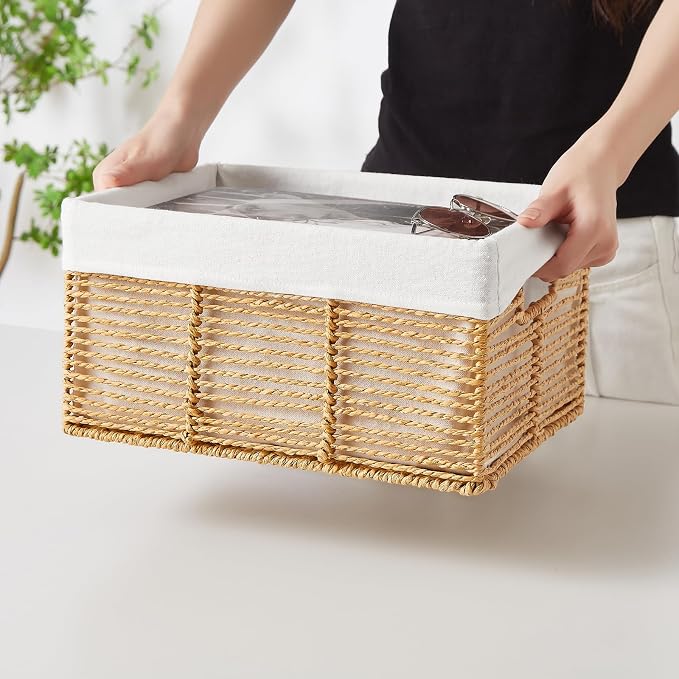 Wicker Storage Basket, 6 Pack Baskets for Organizing, Wicker Baskets with Handle, Rectangular Woven Basket for Storage Shelves, Cube Storage Bins for Closet/Clothes/Dresser, Natural - Image 3