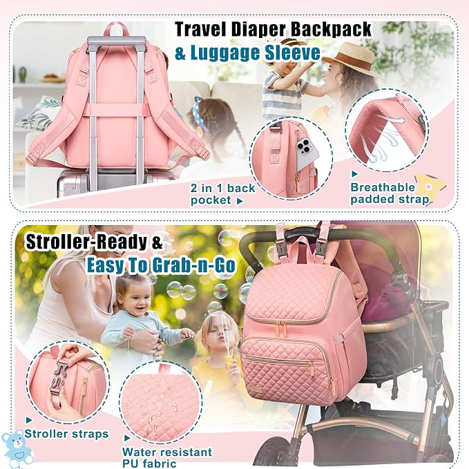 Diaper Bag Backpack Large Baby Diaper Bag with Changing Pad Travel Diaper Backpack,Baby Bag for Boys Girls,Stroller Straps,5 Insulated Pockets (Pink) - Image 6