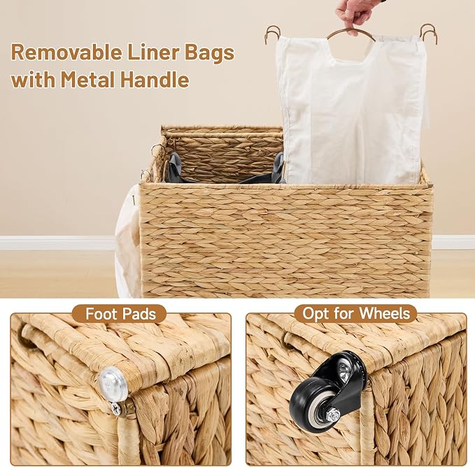 Laundry Hamper with Wheels, 40.92 Gallon(155L) Water Hyacinth Laundry Basket with Lid, 2-Section Wicker Clothes Hamper with 2 Removable Liners, Laundry Sorter with Side Pocket, Natural - Image 6