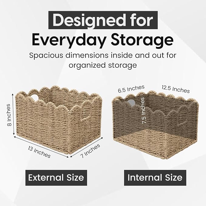 ByteX Scalloped Basket Set (2 Large Baskets) Seagrass Wicker Storage Baskets for Nursery & Kids Books | Decorative Scalloped Edge Rattan Style Book Basket for Toys, Shelves & Decor - Image 5