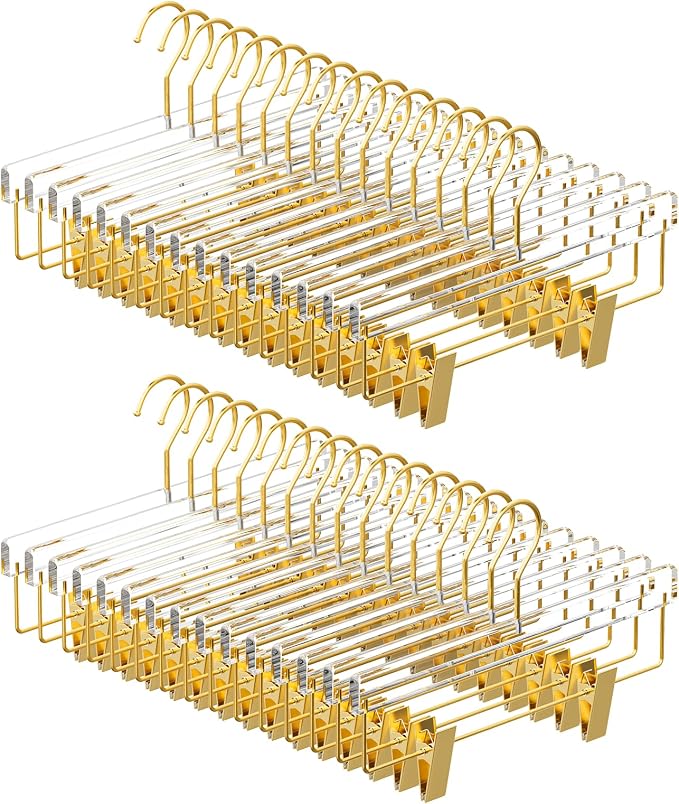 30 Pack Clear Gold Acrylic Pants Hangers with Adjustable Clips | Non-Slip & Heavy Duty Hangers for Pants, Skirts, Jeans, Trousers, Scarves, Adults & Kids, Clothing Closet Storage Organizer by GLOSHOOTING
