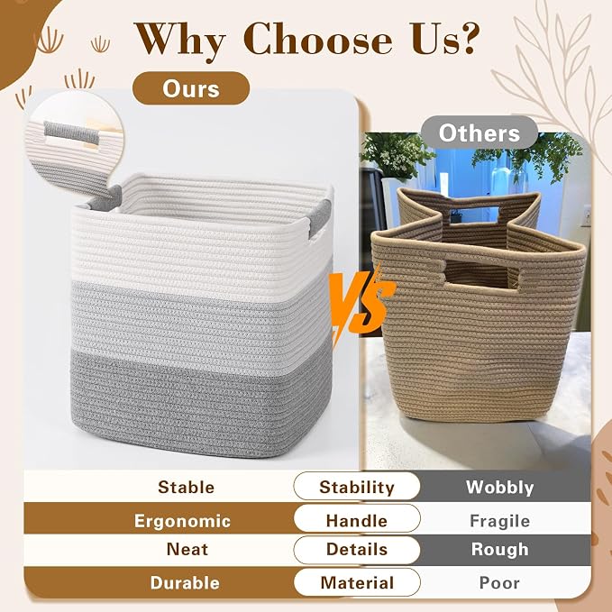 13 Inch Storage Cubes, 3 Pack Cube Storage Bins for Organizing, Cotton Rope Woven Baskets for Shelves, Bathroom, Kids Room, Closets, Baby Nursery - Image 7