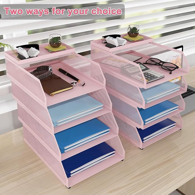 Natwind 4-Tier Stackable Metal Mesh Desk Paper Tray Organizer,Pink | Desktop Accessories for Office Supplies, Letter Tray For Paper Storage ,File Document Holder For Home School Classroom - Image 5