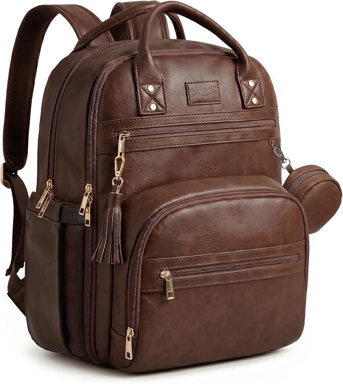 ROSEGIN Premium Vegan Leather Diaper Bag Backpack with Waterproof Changing Pad, Reinforced Zippers & Odor-Free,20 Pockets Pro Organizer, Fits 15.6" Laptop, Stroller Straps, Baby Bag for Mom,Dark Brown by ROSEGIN