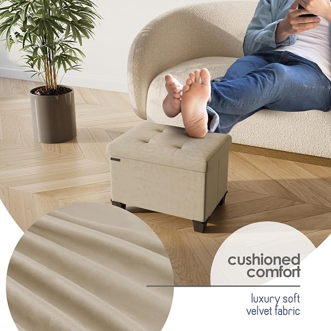Storage Ottoman Cube with Small Bin, 16-in Square Ottoman with Storage for Living Room and Bedroom, Small Ottomans Foot Rest, Velvet Foot Stools Ottomans Max 330lbs, Beige - Image 7