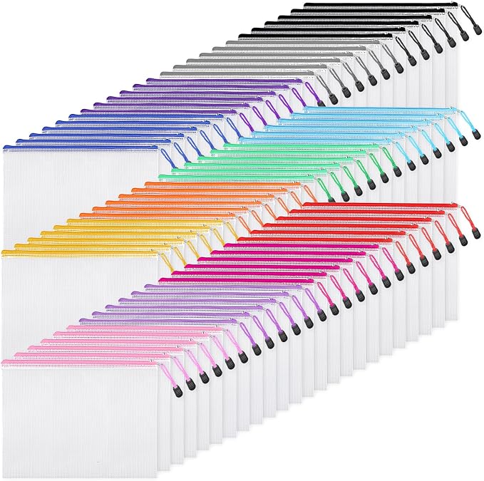 EOOUT 72pcs Mesh Zipper Pouch, A4 Size, 12 Colors Zipper Bags for Organizing Storage, Waterproof Puzzle Bag, Zipper File Bags for Board Games and School Office Supplies by EOOUT