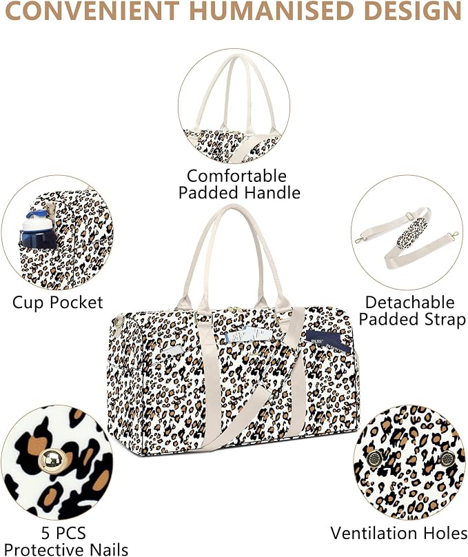 Women Weekender Travel Duffle Bag: Travel Duffel Overnight Bags with Shoe Compartment Large Carry on Tote with Toiletry Bag Weekend Traveling Yoga Gym Hospital Bag for Women with Wet Pocket Leopard - Image 3