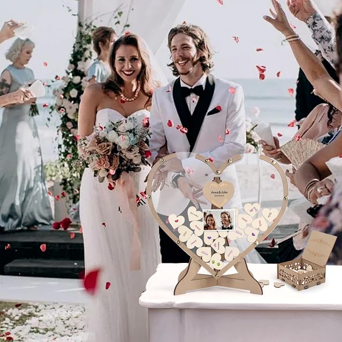 SELEAD Wedding Guest Book Alternative Drop Top Acrylic Sign Board, Heart | Rustic Wedding Reception Picture Frame with 80psc Wooden Hearts, Exquisite Box for Party Anniversary Birthday - Image 2