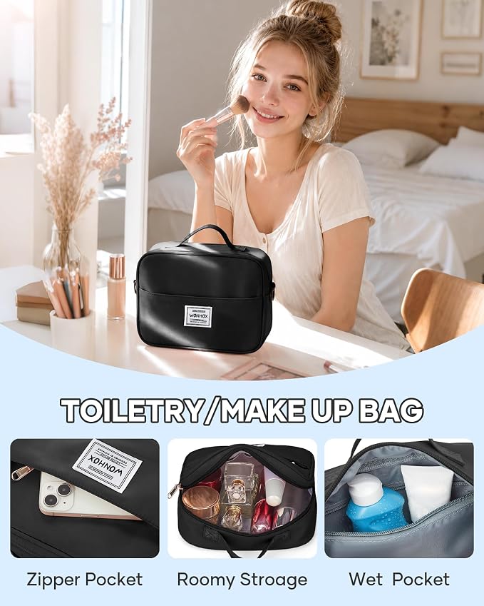 Travel Duffel Weekender Bag Women Tote Carry On Bags With Shoe Compartment | 18x14x8 inches Travel Overnight Bags with Trolley Sleeve for Airplanes Waterproof Sport Tote Gym with Toiletry Bag Black - Image 4