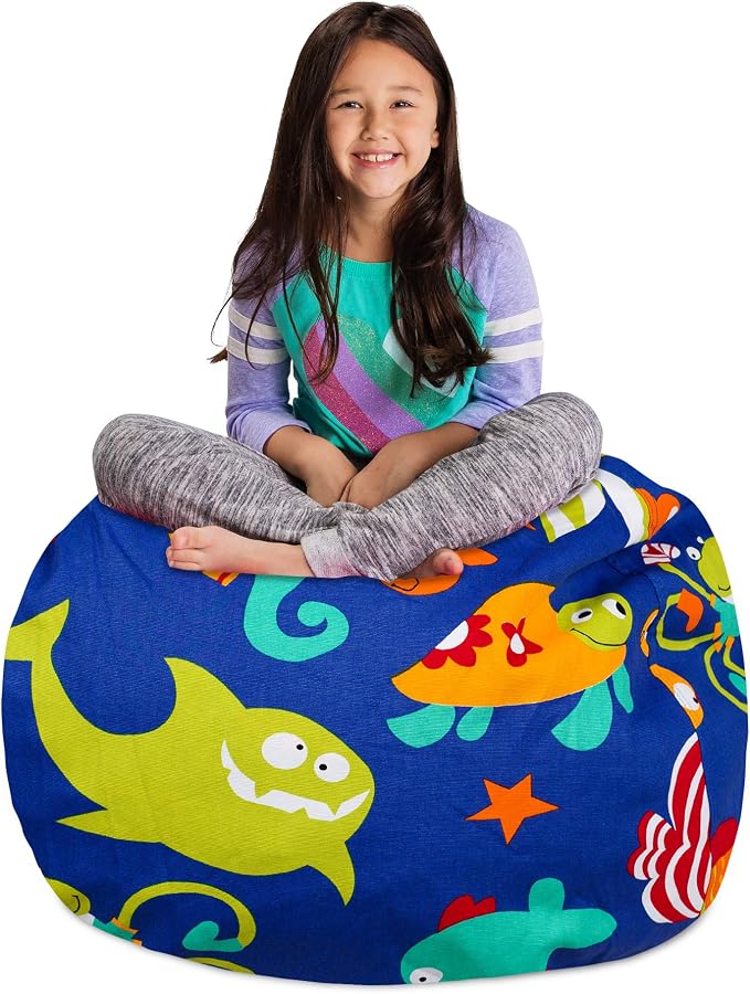 Posh Stuffable Kids Stuffed Animal Storage Bean Bag Chair Cover - Childrens Toy Organizer, Large-38 - Canvas Sea Creatures on Blue by PoshCreations