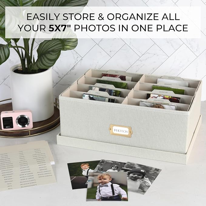 Decorative Photo Storage Box - Sturdy Linen Organizer Holds 1700 Photos | Organizer with Dividers Stores Up to 5x7 1700 Pictures - Portable Scrapbook Storage Containers with Lid - Image 2