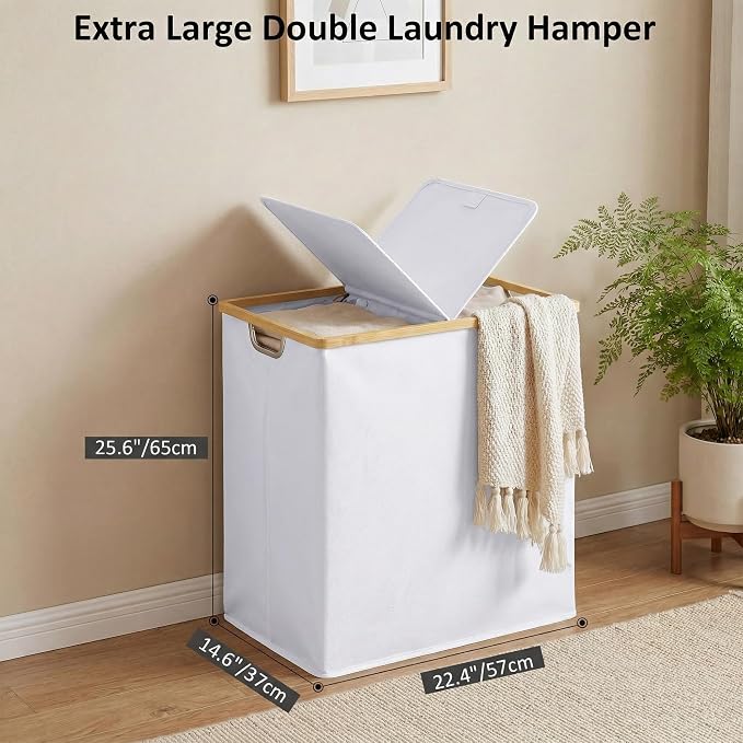 efluky Laundry Hamper with Lid, Double Laundry Basket with 2 Removable Bags, 2 Section Laundry Bin with Bamboo Handles for Bathroom, Bedroom & Laundry Room, 140L (36.9 Gallon) White - Image 3