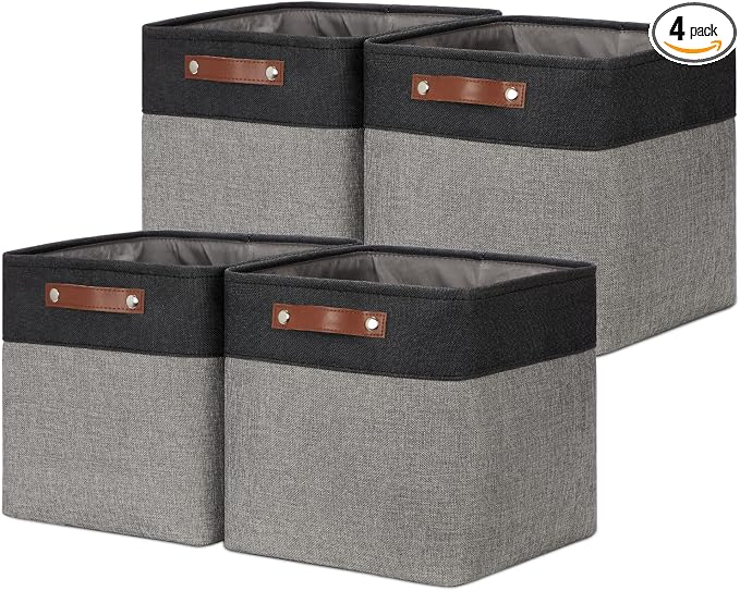 DULLEMELO Cube Collapsible Storage Bins, 12 inch Fabric Storage Cubes Bins Canvas Organization Baskets, Linen Closet Organizers Boxes for Home Organization and Storage (4 Pack - 12" Black&Grey) by DULLEMELO