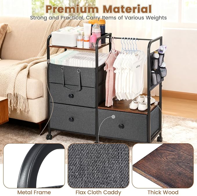 Orzbow Baby Diaper Caddy Cart Organizer and Storage, Grey | 4 Tier Baby Rolling Cart with Dividers and Drawers, Metal Rolling Utility Cart for Nursery, Bedroom, Changing Table & Crib - Image 5
