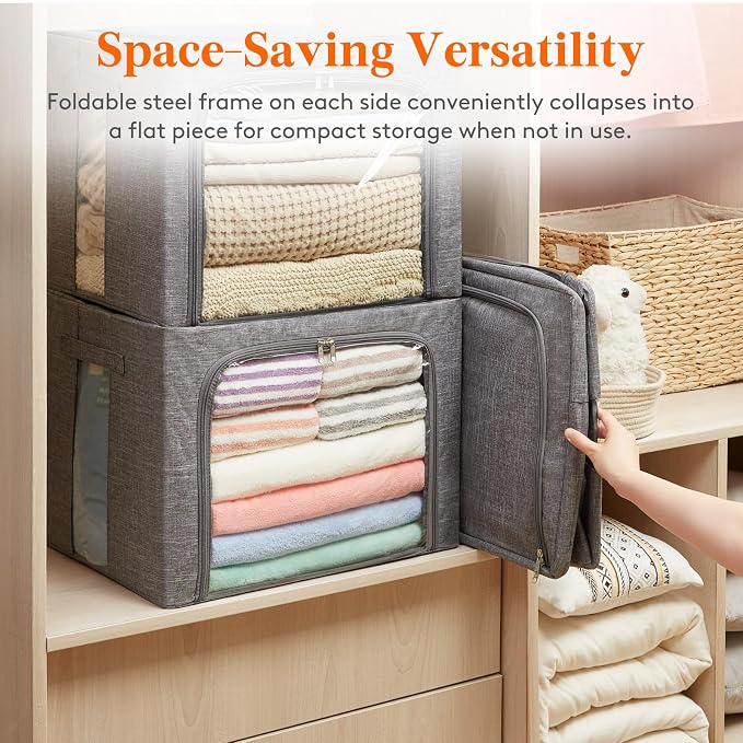Lifewit Clothes Storage Bins with Metal Frame, Stackable Storage Box, Foldable Clothing Storage Bins with Lids, 75L Storage Bags Fabric Box Organizer with Clear Window＆ Zippers＆ Sturdy Handles 3 Pack - Image 6