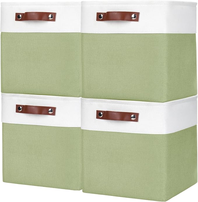 Collapsible Fabric Storage Cubes 11x11 Cube Storage Bins, 4 Pack Closet Baskets Box with Handles for Organizing, Shelf, Toys, Clothes, Home, Office, Nursery (Green&White) by Bagnizer