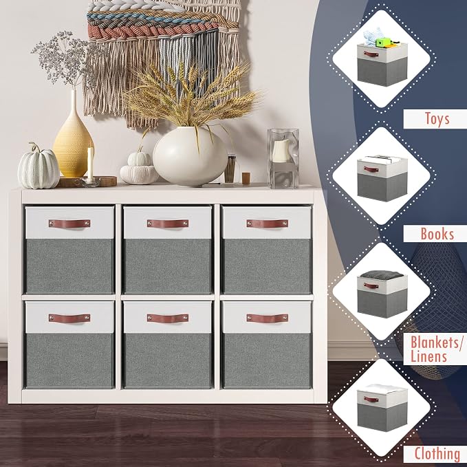 Ornavo Home 13x13 Foldable Fabric Storage Cube Bins, 6 Pack, White/Gray | Collapsible Linen Shelf Basket Organizer; Leather Handles; Ideal Cube Storage For Closet - Image 3