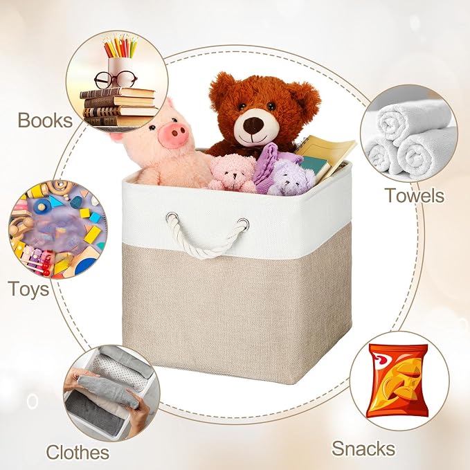 meekoo 8 Pack Collapsible Storage Bins Fabric Storage Bins Polyester Fabric Baskets with Handles Linen Closet Organizer for Shelf Home Closet Towels Toys(11 x 11 x 11 in,Beige) - Image 7