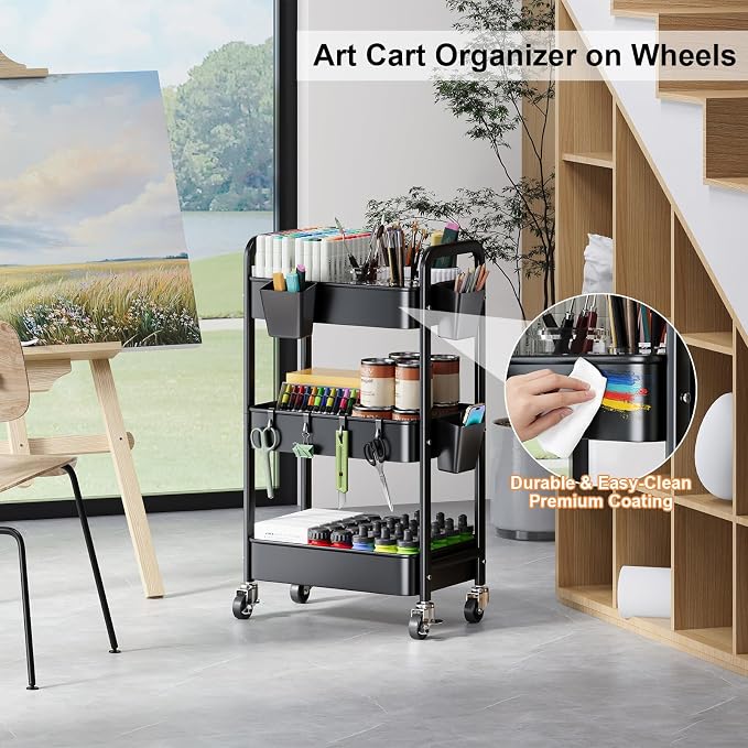 3 Tier Rolling Cart with Lockable Wheels, Metal Diaper Caddy Cart Organizer for Baby Essentials, Black Storage Utility Cart for Craft, Snack, Rolling Carts with Wheels for Lash Techs, Art, Bathroom - Image 2
