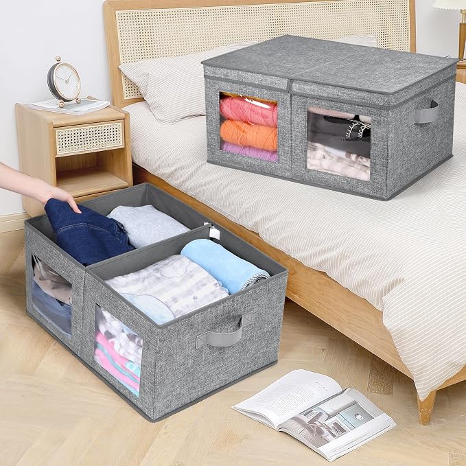 Univivi Large Fabric Storage Bins with Lids for Clothes 2 Pack, Grey | 24 x 17 x 12 In Foldable Storage Boxes with Handles, Clear Window, Closet Organizers for Home, Bedroom - Image 4